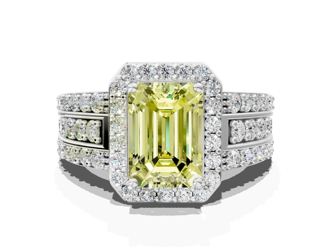 White gold Fancy Yellow Emerald Cut Halo Diamond Ring with Round  Split Shank and Prong Setting_143