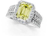 White gold Fancy Yellow Emerald Cut Halo Diamond Ring with Round  Split Shank and Prong Setting_144