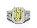 White gold Fancy Yellow Emerald Cut Halo Diamond Ring with Round  Split Shank and Prong Setting_148
