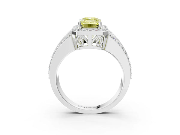 Sterling Silver Emerald Cut Triple-Row Pave Halo Engagement Ring Setting for Fancy Yellow Center