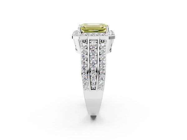 White Gold Emerald Cut Triple-Row Pave Halo Engagement Ring Setting for Fancy Yellow Center