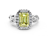 White gold Fancy Yellow Emerald  Cut Halo Diamond Ring with Scrollwork Band and Four-Prong Setting_46