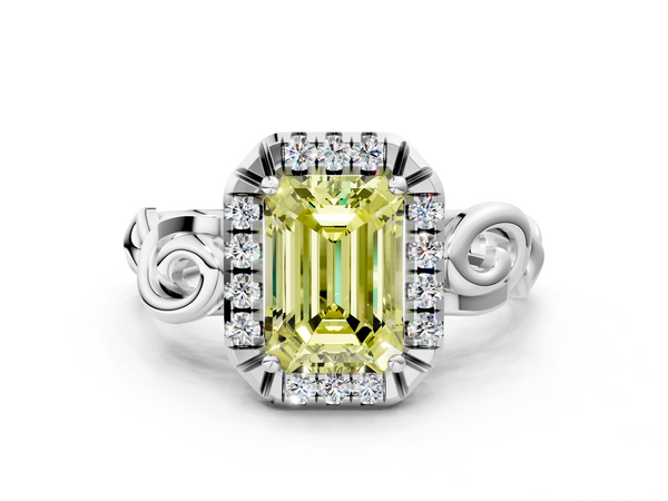 Platinum Fancy Yellow Emerald  Cut Halo Diamond Ring with Scrollwork Band and Four-Prong Setting
