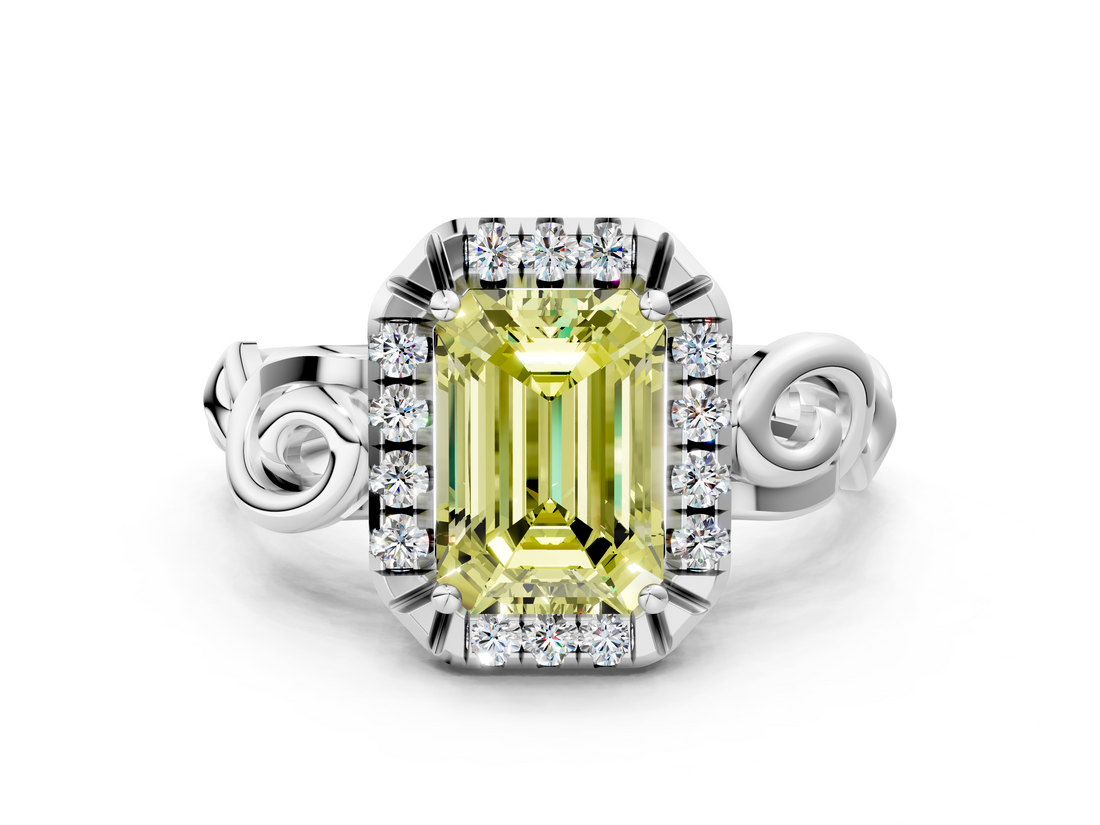 White gold Fancy Yellow Emerald  Cut Halo Diamond Ring with Scrollwork Band and Four-Prong Setting_46