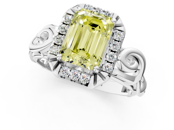 Platinum Fancy Yellow Emerald  Cut Halo Diamond Ring with Scrollwork Band and Four-Prong Setting