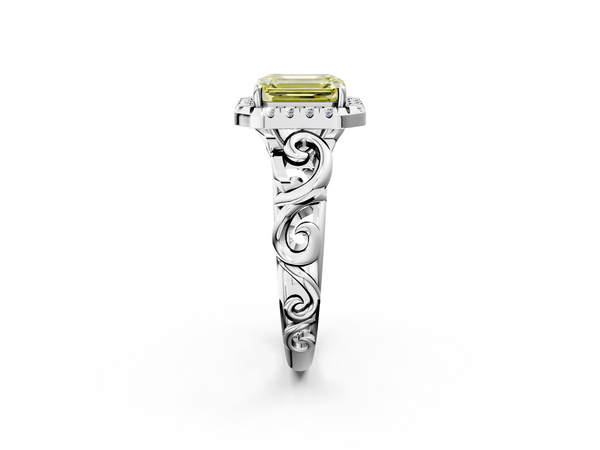 Platinum Fancy Yellow Emerald  Cut Halo Diamond Ring with Scrollwork Band and Four-Prong Setting