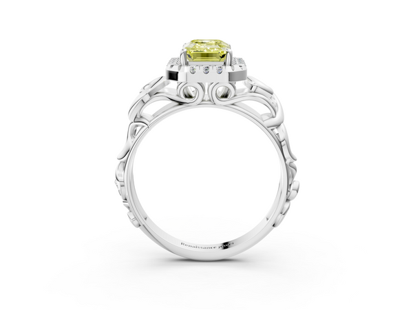 Platinum Fancy Yellow Emerald  Cut Halo Diamond Ring with Scrollwork Band and Four-Prong Setting