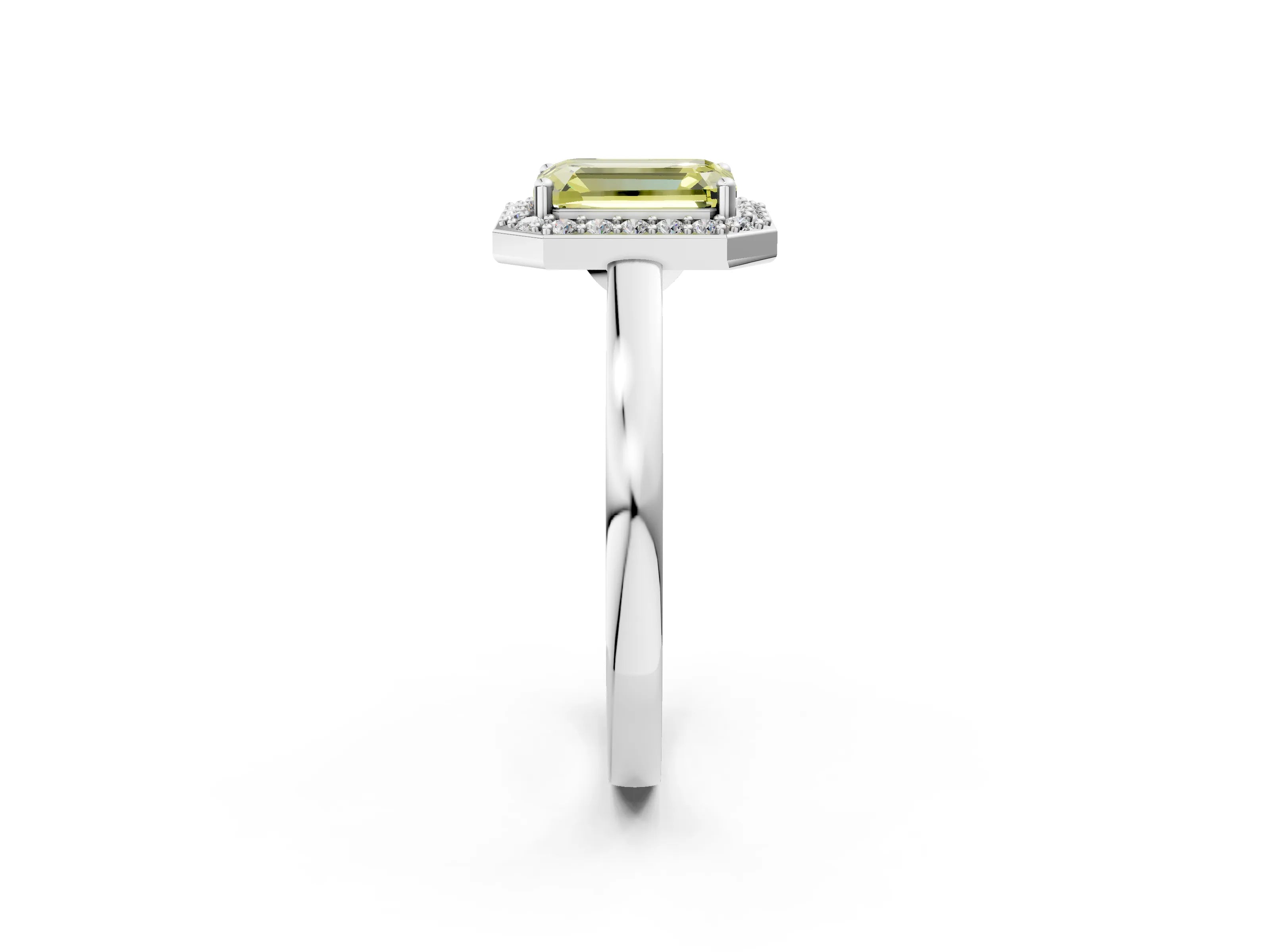 White gold Fancy Yellow Emerald Cut Halo Diamond Ring with Solitaire Band and Prong Setting_14