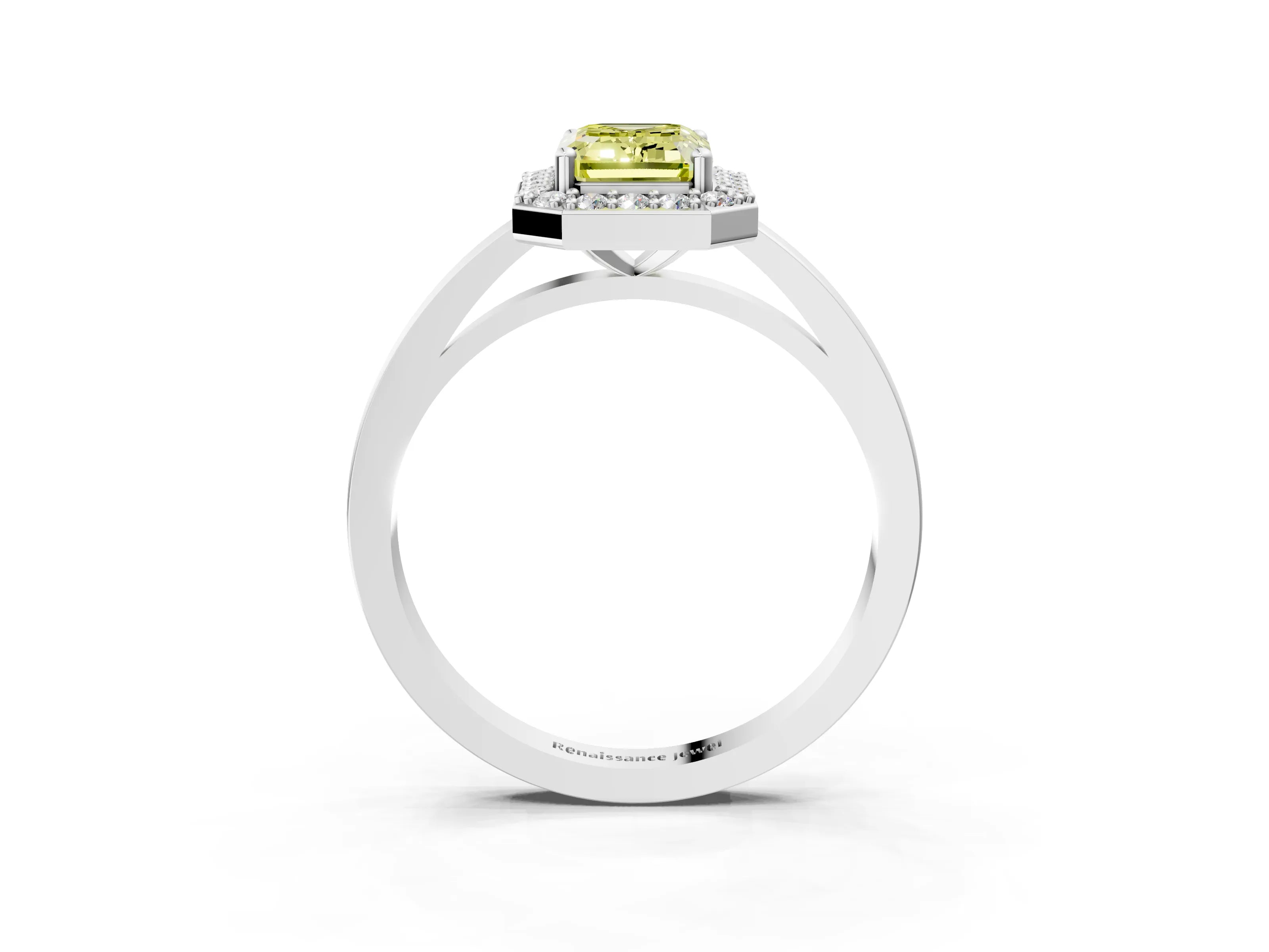 White gold Fancy Yellow Emerald Cut Halo Diamond Ring with Solitaire Band and Prong Setting_15