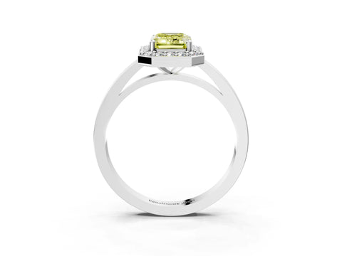 White gold Fancy Yellow Emerald Cut Halo Diamond Ring with Solitaire Band and Prong Setting_15