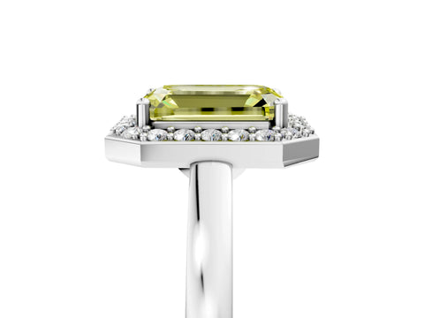 White gold Fancy Yellow Emerald Cut Halo Diamond Ring with Solitaire Band and Prong Setting_17
