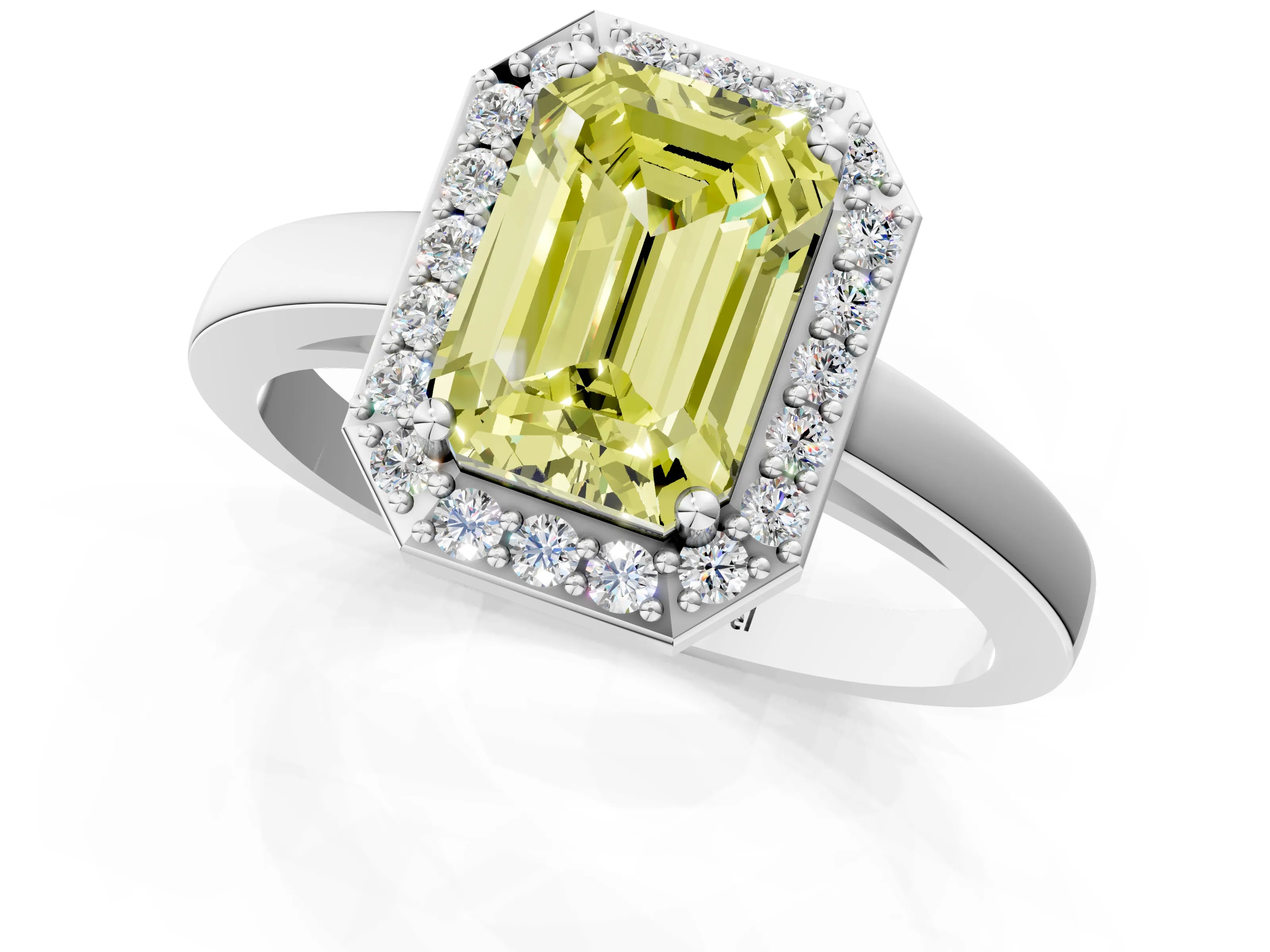 White gold Fancy Yellow Emerald Cut Halo Diamond Ring with Solitaire Band and Prong Setting_19