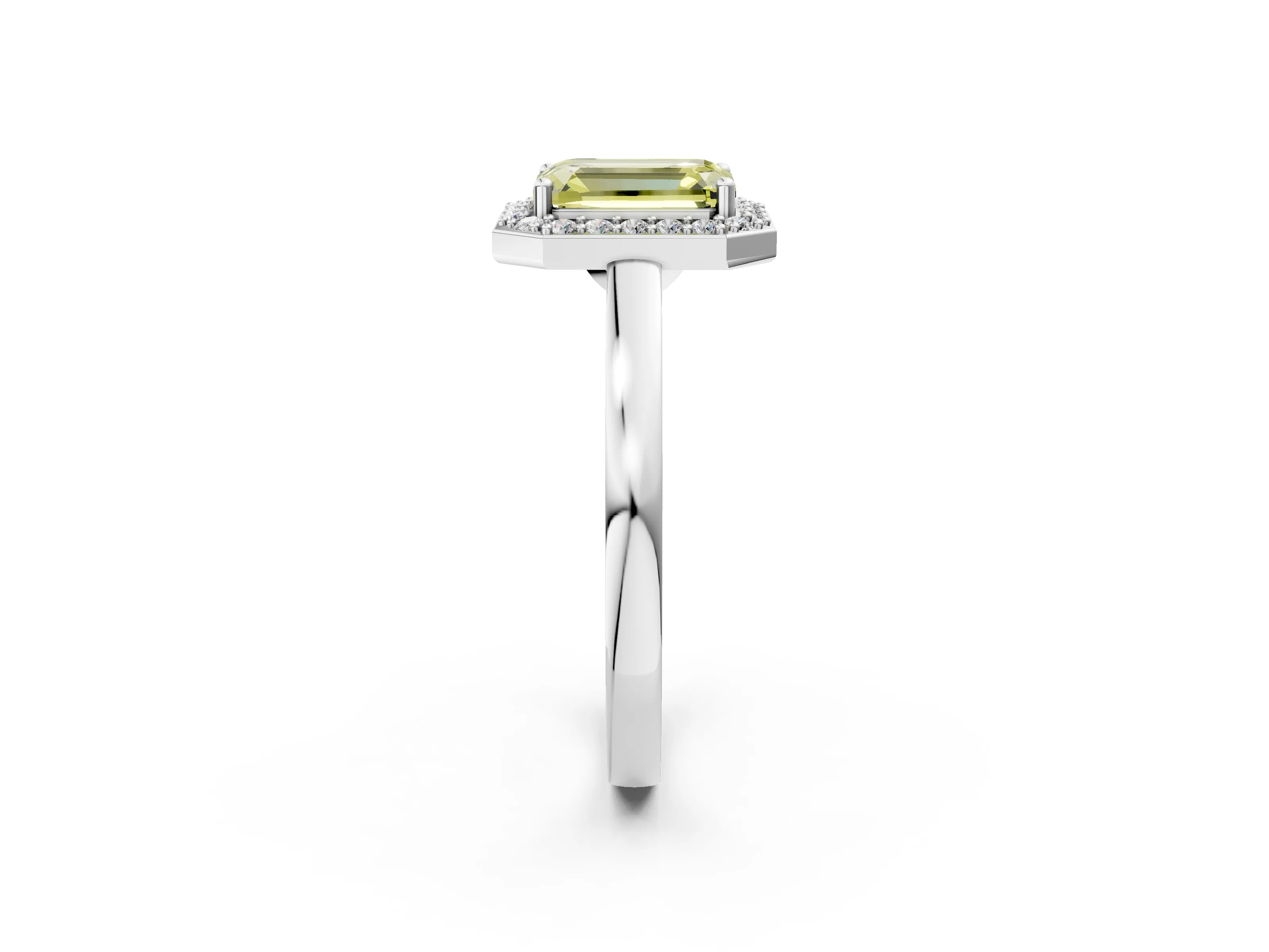 White gold Fancy Yellow Emerald Cut Halo Diamond Ring with Solitaire Band and Prong Setting_20