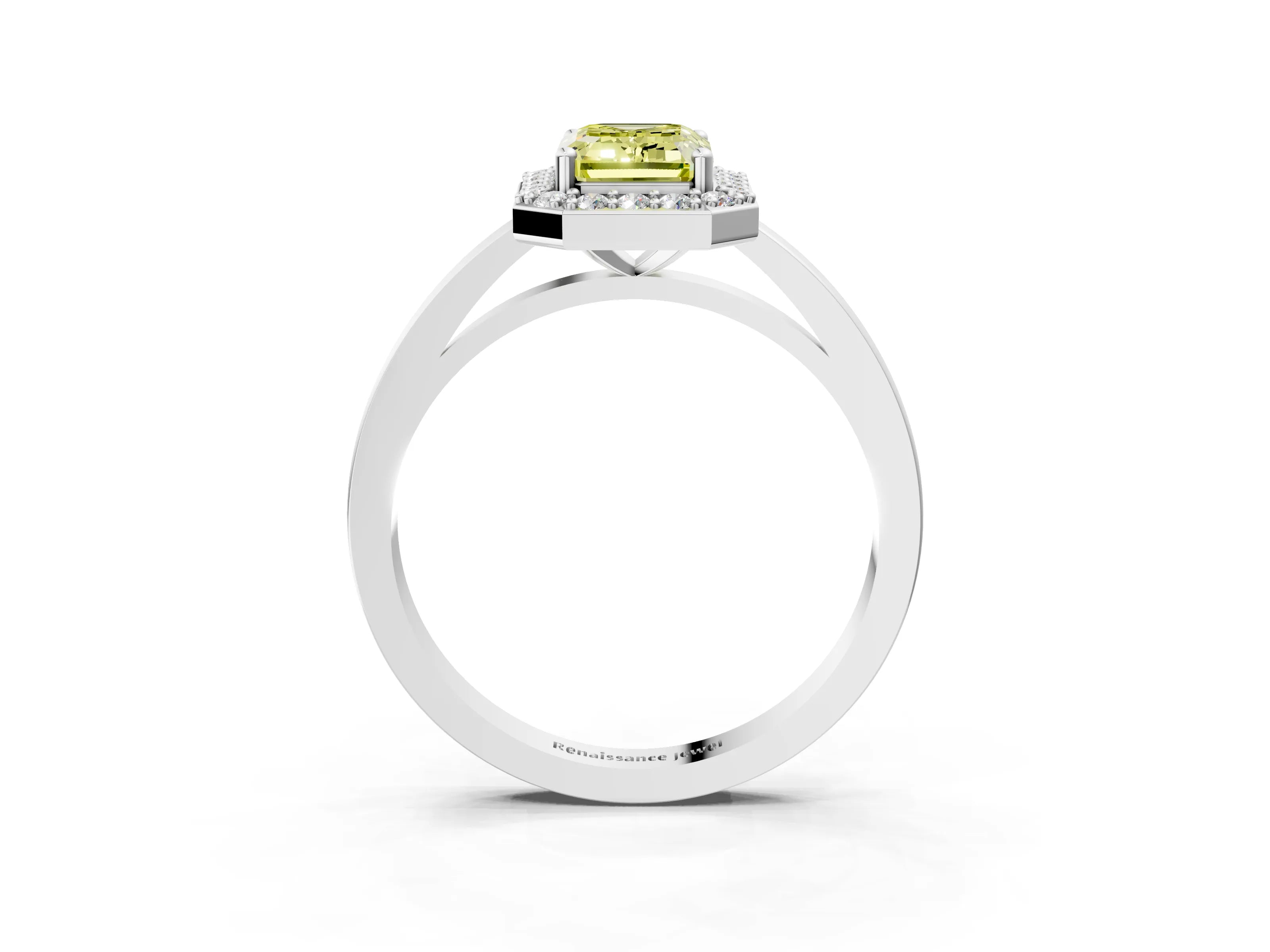 White gold Fancy Yellow Emerald Cut Halo Diamond Ring with Solitaire Band and Prong Setting_21