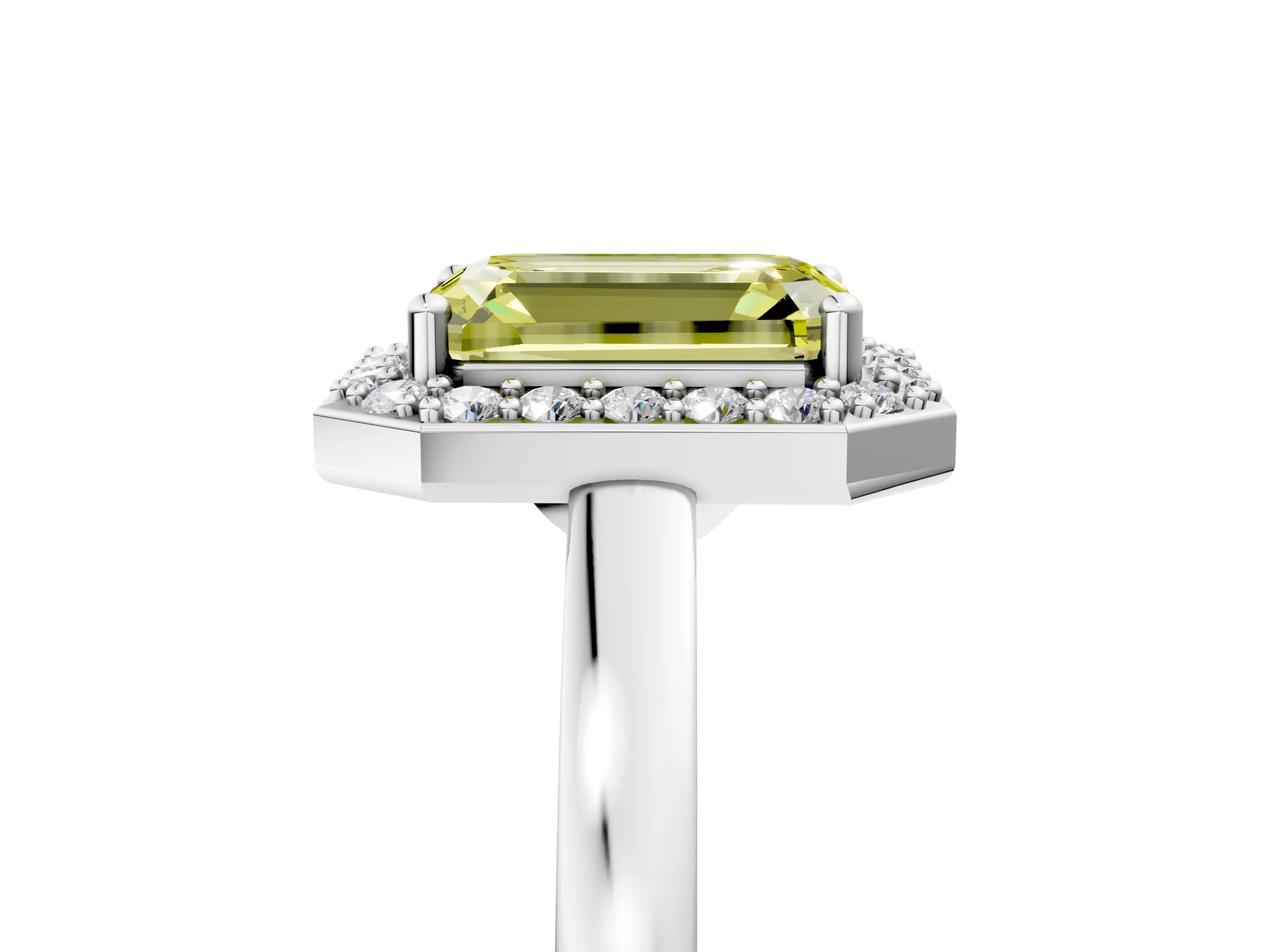 White gold Fancy Yellow Emerald Cut Halo Diamond Ring with Solitaire Band and Prong Setting_23