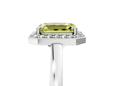 White gold Fancy Yellow Emerald Cut Halo Diamond Ring with Solitaire Band and Prong Setting_23