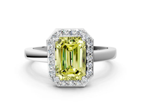 White gold Fancy Yellow Emerald Cut Halo Diamond Ring with Solitaire Band and Prong Setting_24