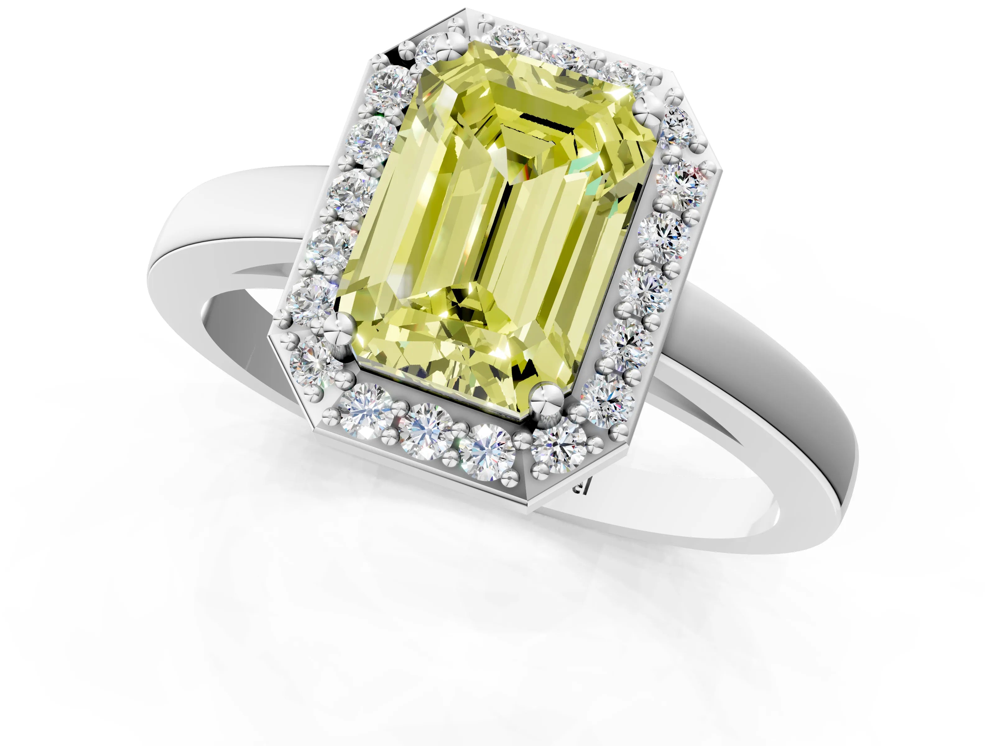 White gold Fancy Yellow Emerald Cut Halo Diamond Ring with Solitaire Band and Prong Setting_25