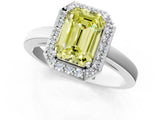 White gold Fancy Yellow Emerald Cut Halo Diamond Ring with Solitaire Band and Prong Setting_25