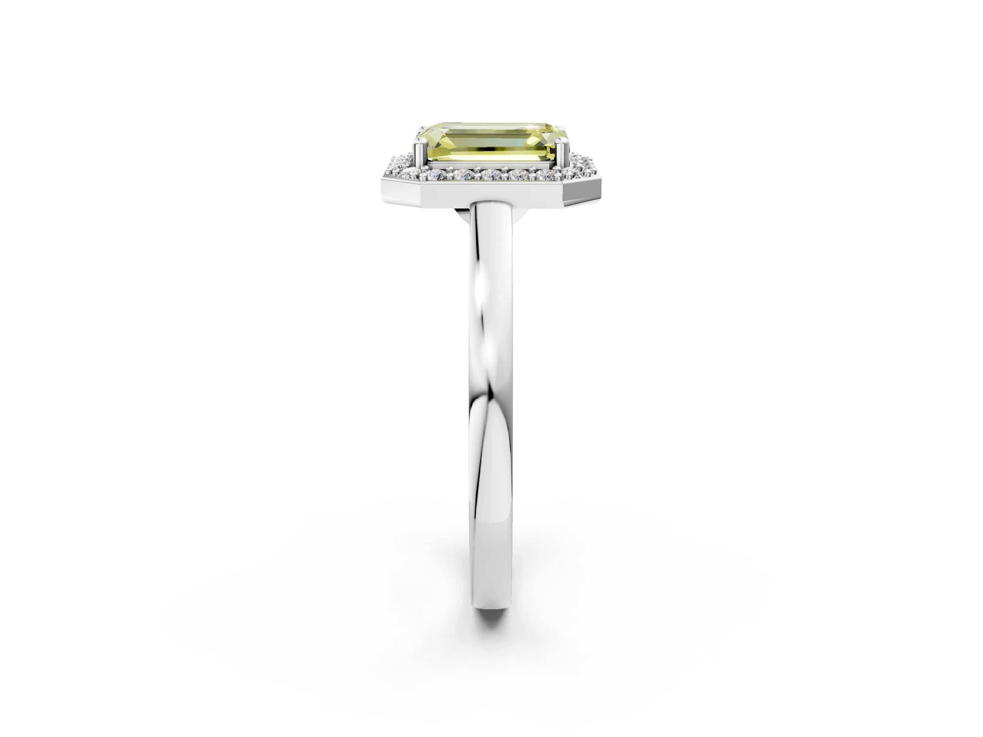 White gold Fancy Yellow Emerald Cut Halo Diamond Ring with Solitaire Band and Prong Setting_26
