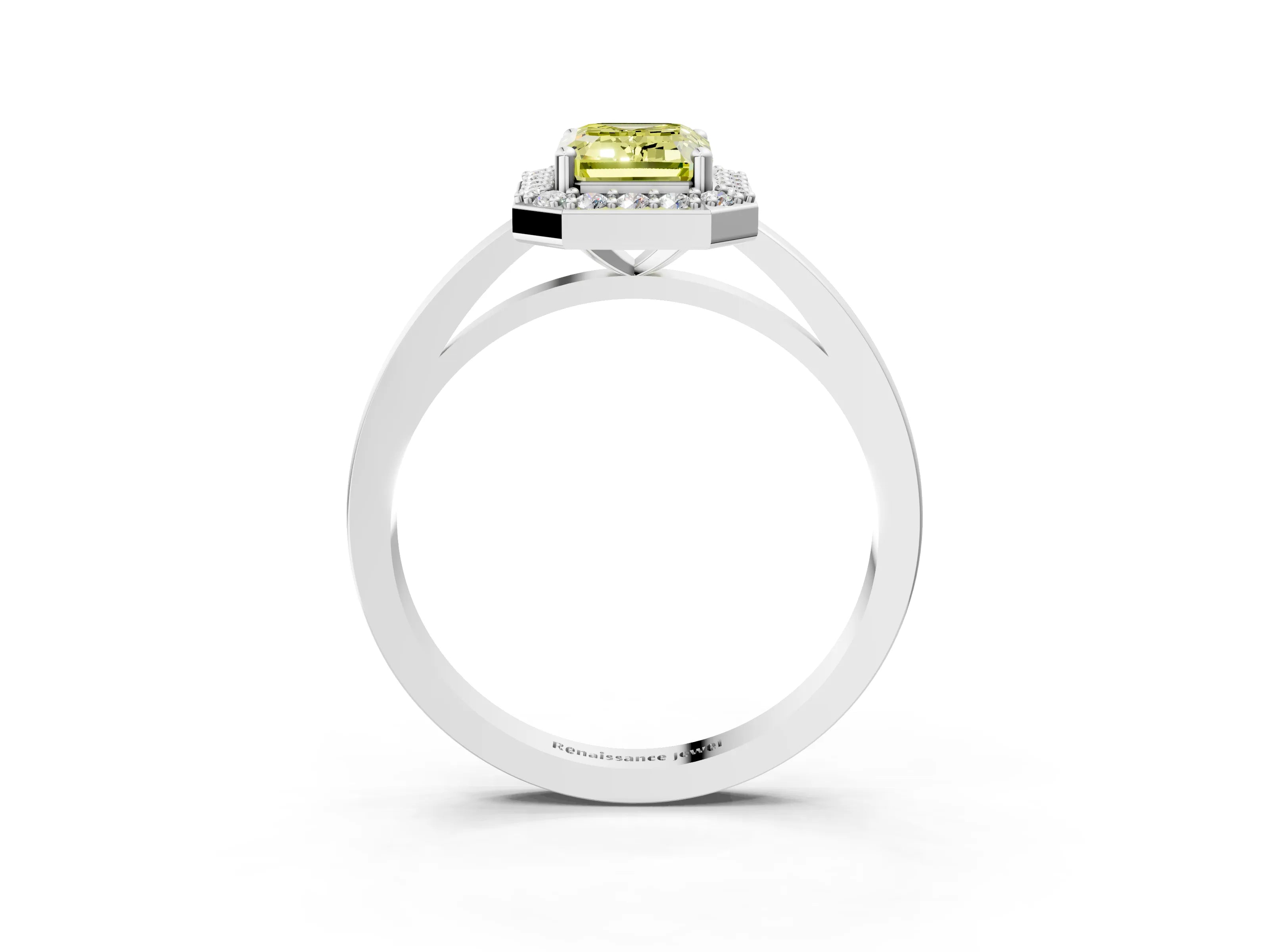 White gold Fancy Yellow Emerald Cut Halo Diamond Ring with Solitaire Band and Prong Setting_27