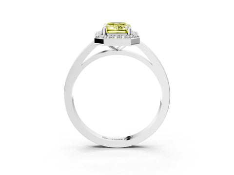 White gold Fancy Yellow Emerald Cut Halo Diamond Ring with Solitaire Band and Prong Setting_27
