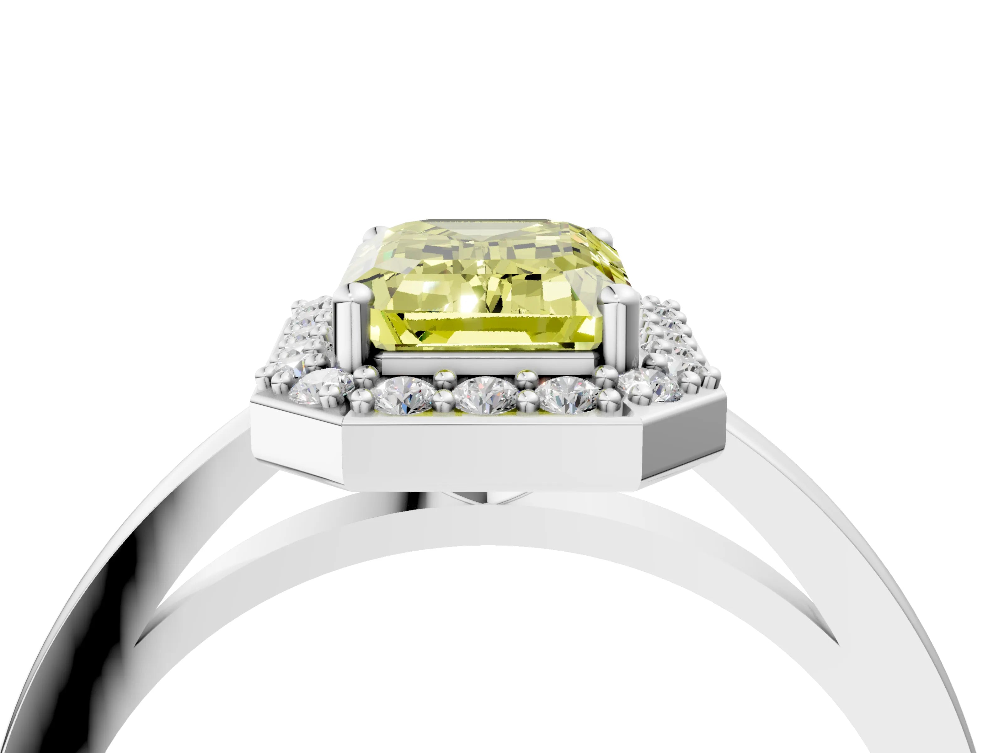 White gold Fancy Yellow Emerald Cut Halo Diamond Ring with Solitaire Band and Prong Setting_28