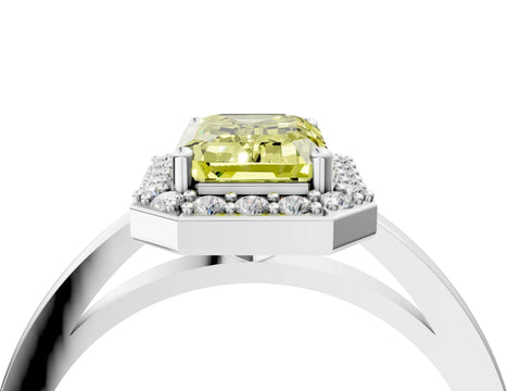 White gold Fancy Yellow Emerald Cut Halo Diamond Ring with Solitaire Band and Prong Setting_28