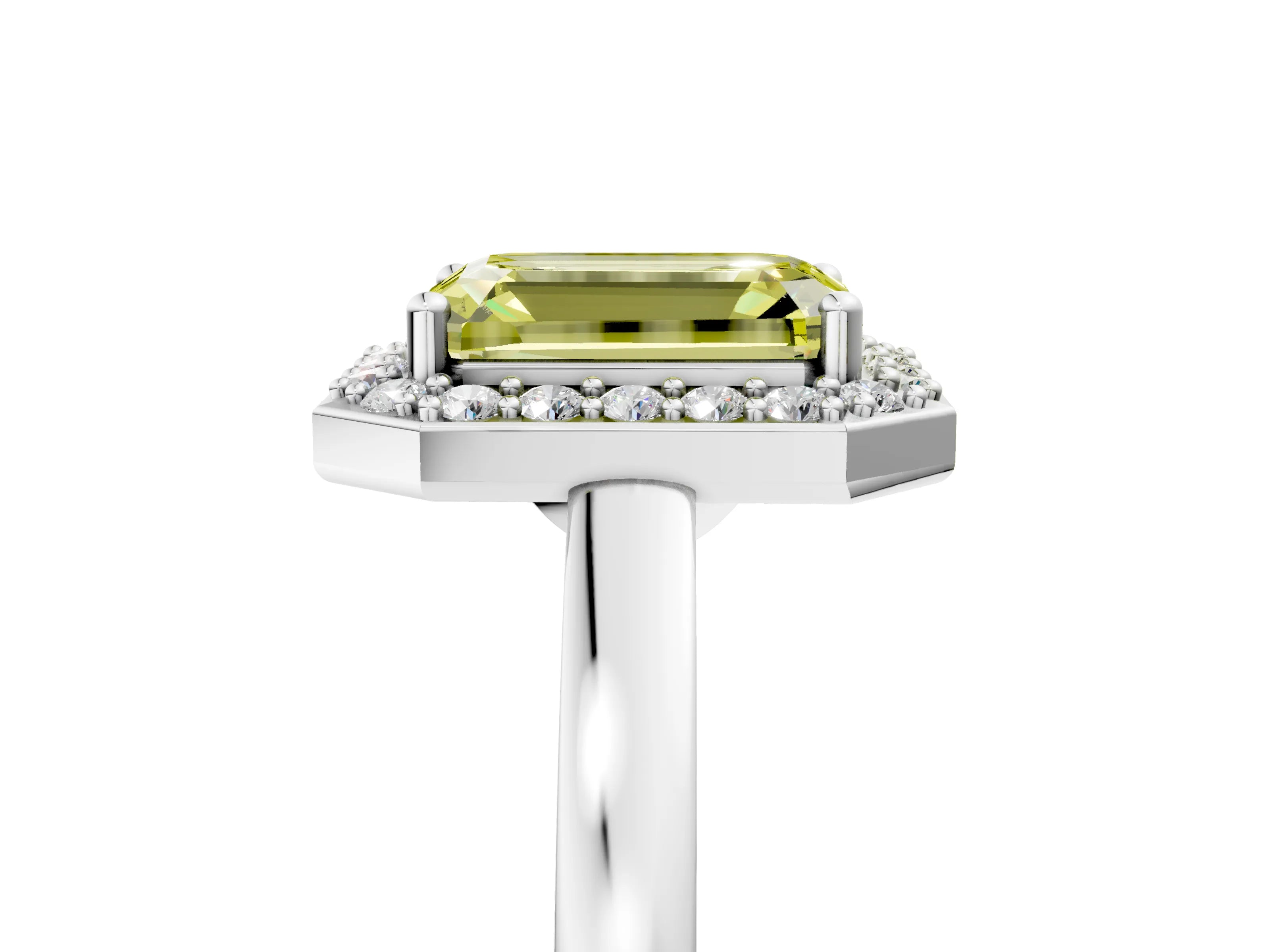 White gold Fancy Yellow Emerald Cut Halo Diamond Ring with Solitaire Band and Prong Setting_29