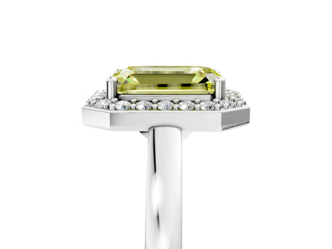 White gold Fancy Yellow Emerald Cut Halo Diamond Ring with Solitaire Band and Prong Setting_29