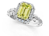 White gold Fancy Yellow Emerald Cut Halo Diamond Solitaire with Filigree Band and Four-Prong Setting_1