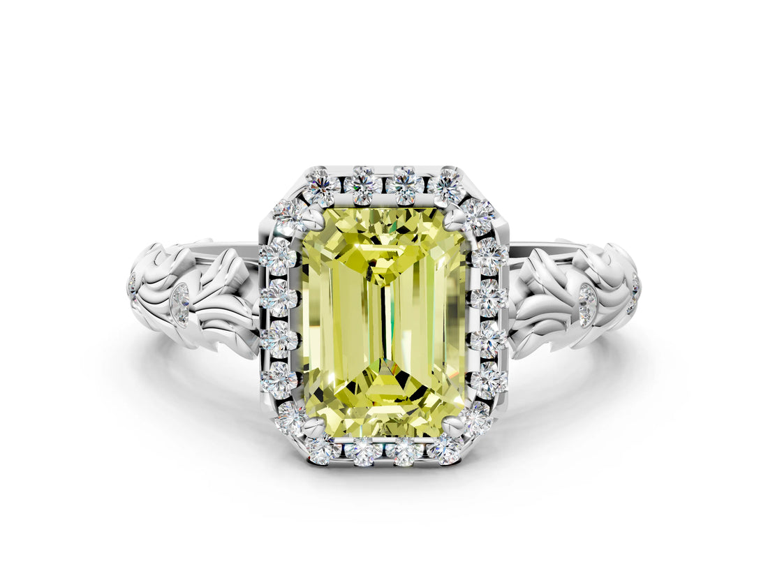 White gold Fancy Yellow Emerald Cut Halo Diamond Solitaire with Filigree Band and Four-Prong Setting