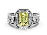 White gold Fancy Yellow Emerald Cut Halo Diamond Split Shank Ring with Prong Setting