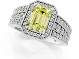 White gold Fancy Yellow Emerald Cut Halo Diamond Split Shank Ring with Prong Setting_1