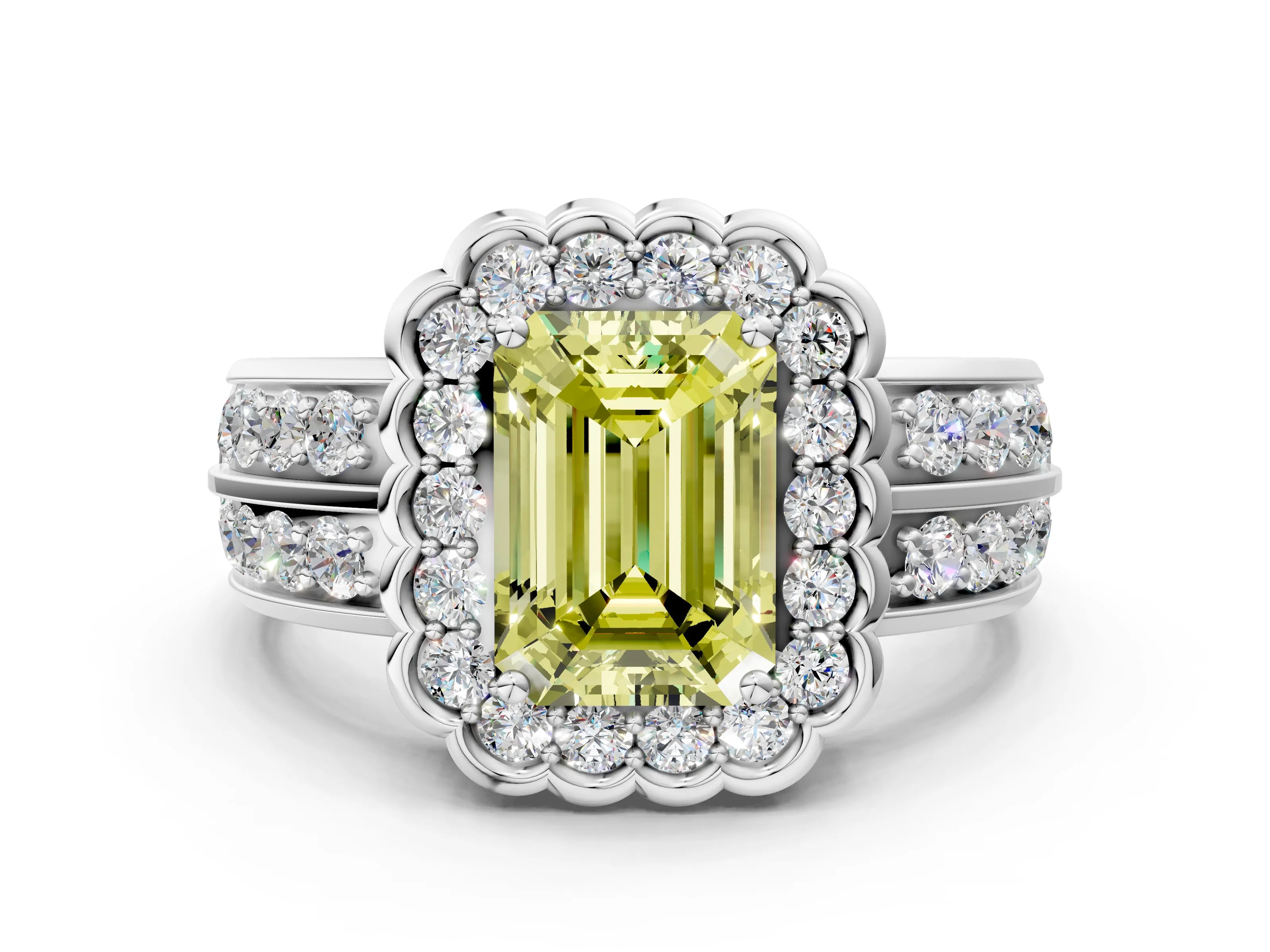 White gold Fancy Yellow Emerald Cut Halo Diamond Split Shank Ring with Scalloped Prong Setting_12
