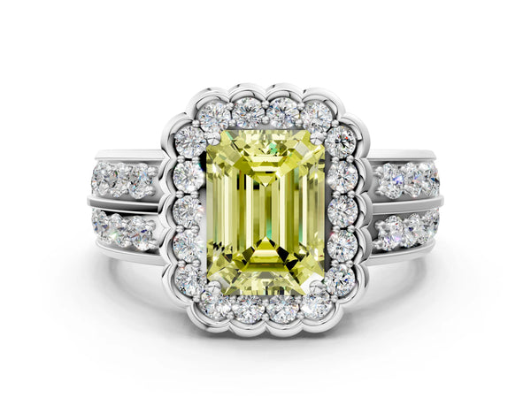Platinum Fancy Yellow Emerald Cut Halo Diamond Split Shank Ring with Scalloped Prong Setting