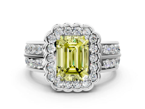 White gold Fancy Yellow Emerald Cut Halo Diamond Split Shank Ring with Scalloped Prong Setting_12