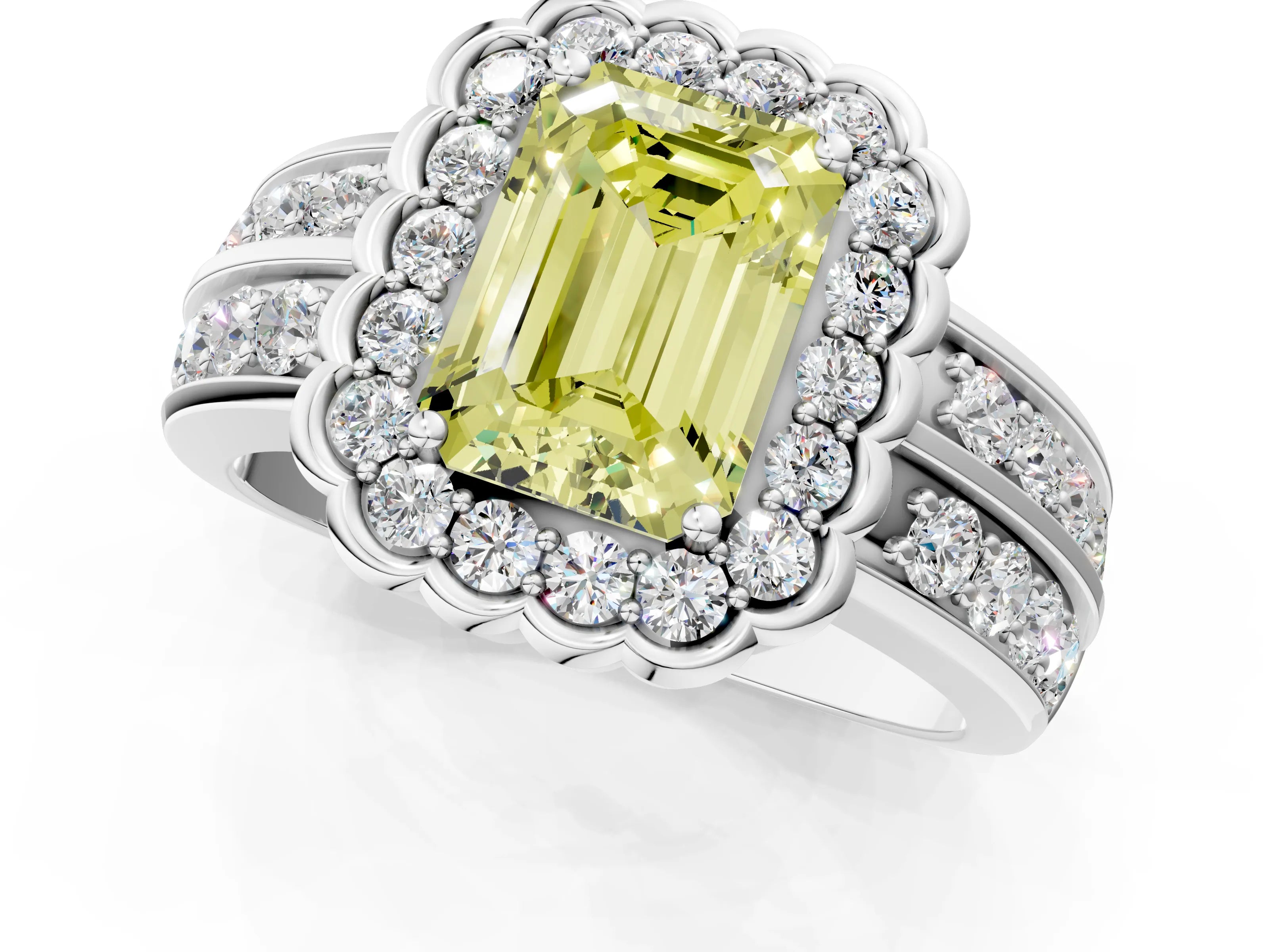 White gold Fancy Yellow Emerald Cut Halo Diamond Split Shank Ring with Scalloped Prong Setting_13