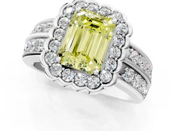 Platinum Fancy Yellow Emerald Cut Halo Diamond Split Shank Ring with Scalloped Prong Setting