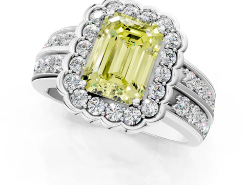 White gold Fancy Yellow Emerald Cut Halo Diamond Split Shank Ring with Scalloped Prong Setting_13