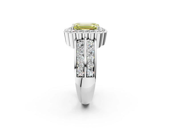 Platinum Fancy Yellow Emerald Cut Halo Diamond Split Shank Ring with Scalloped Prong Setting