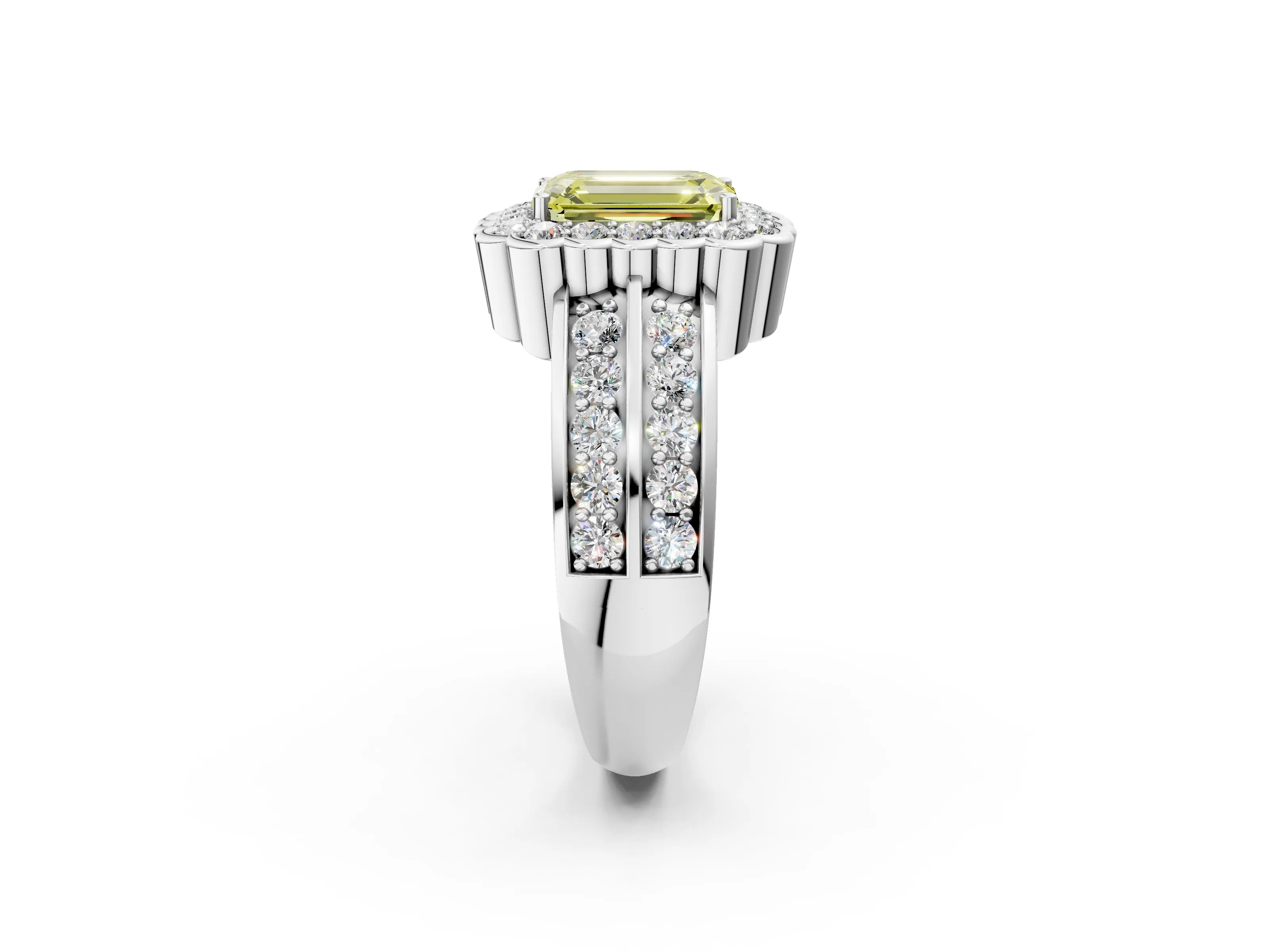 White gold Fancy Yellow Emerald Cut Halo Diamond Split Shank Ring with Scalloped Prong Setting_14