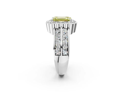 White gold Fancy Yellow Emerald Cut Halo Diamond Split Shank Ring with Scalloped Prong Setting_14