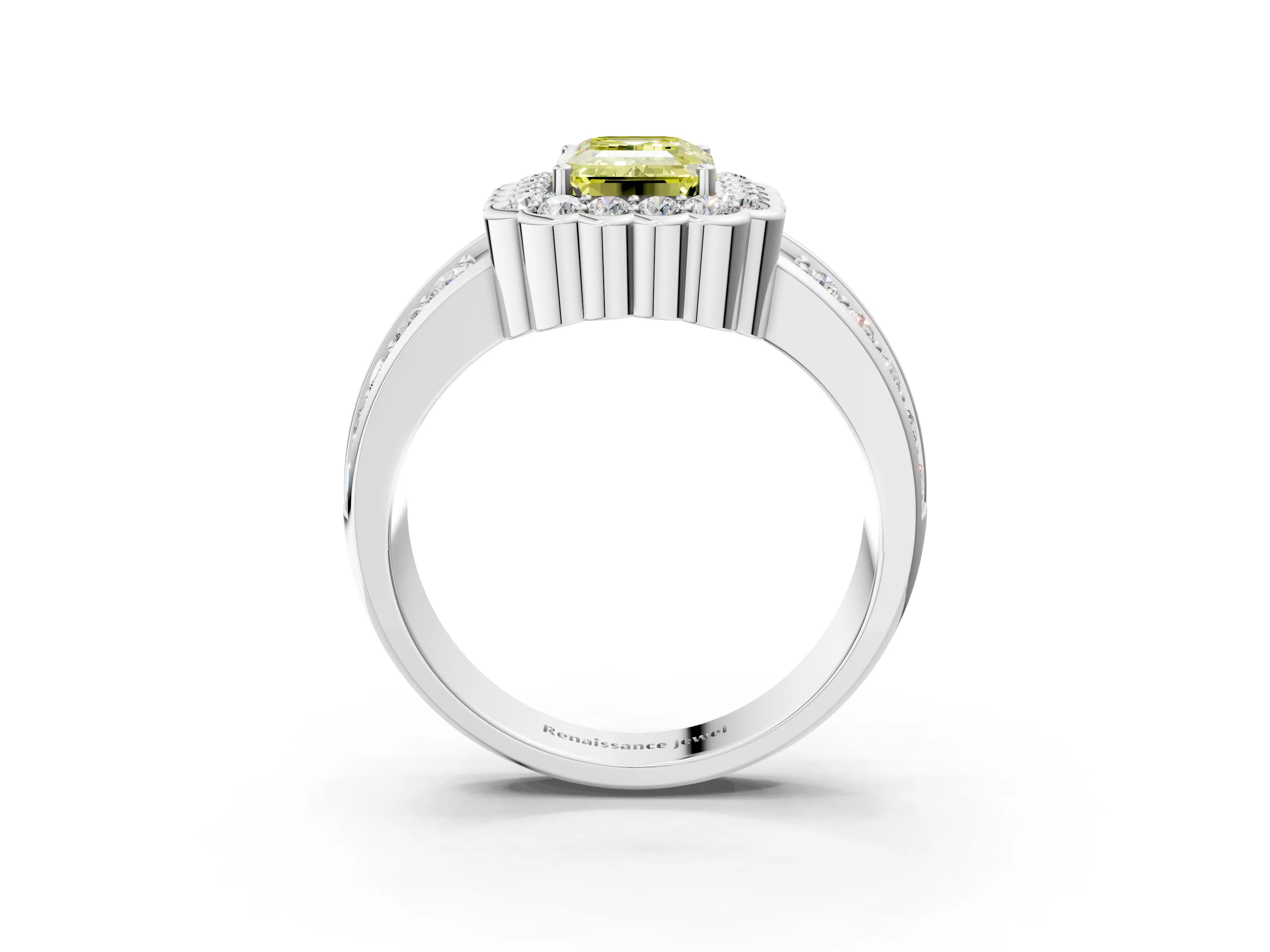 White gold Fancy Yellow Emerald Cut Halo Diamond Split Shank Ring with Scalloped Prong Setting_15