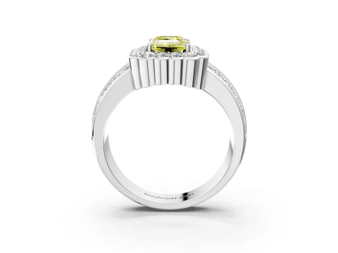 White gold Fancy Yellow Emerald Cut Halo Diamond Split Shank Ring with Scalloped Prong Setting_15