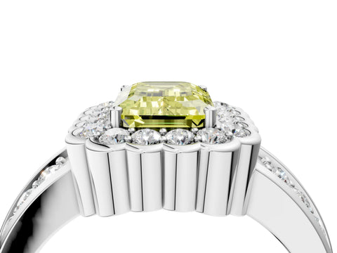 White gold Fancy Yellow Emerald Cut Halo Diamond Split Shank Ring with Scalloped Prong Setting_16
