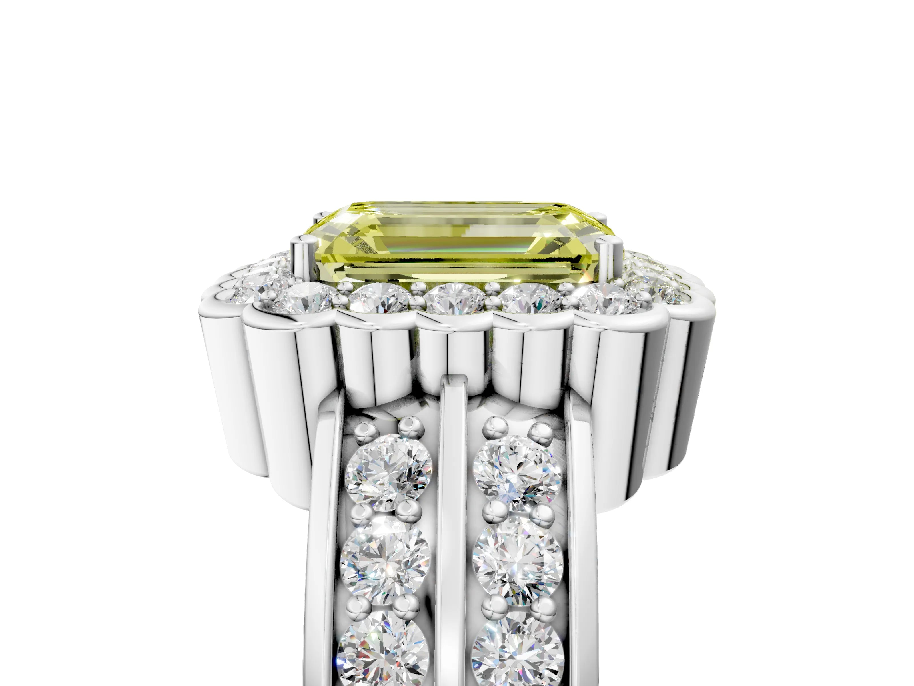White gold Fancy Yellow Emerald Cut Halo Diamond Split Shank Ring with Scalloped Prong Setting_17