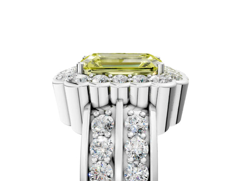 White gold Fancy Yellow Emerald Cut Halo Diamond Split Shank Ring with Scalloped Prong Setting_17