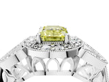 White gold Fancy Yellow Emerald Cut Halo Milgrain Diamond Engagement Ring with Leaf Band and Four-Prong Setting_4
