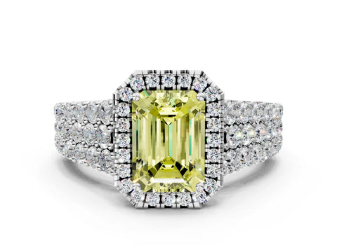 White gold Fancy Yellow Emerald Cut Halo Pavé Diamond Engagement Ring with Split Shank and Four-Prong Setting_3